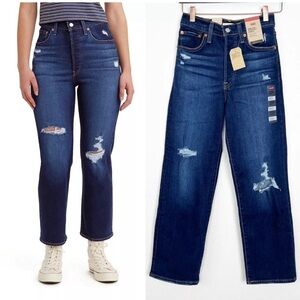 NWT Levis Ribcage Straight Ankle Jeans Distressed Dark Wash High Rise Size 25x27